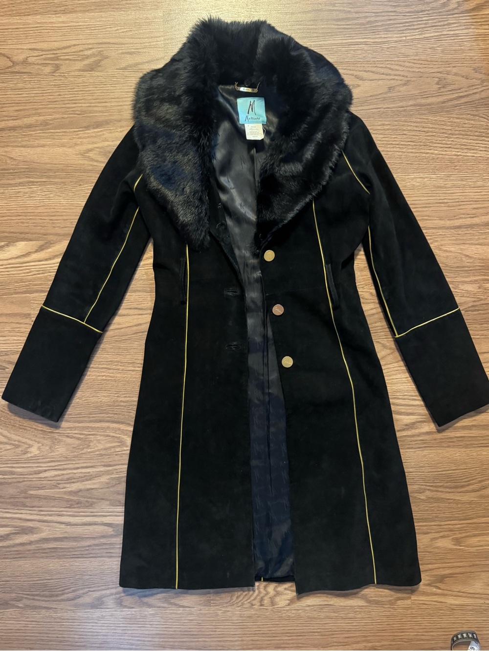 black suede Marciano coat featuring gold piping